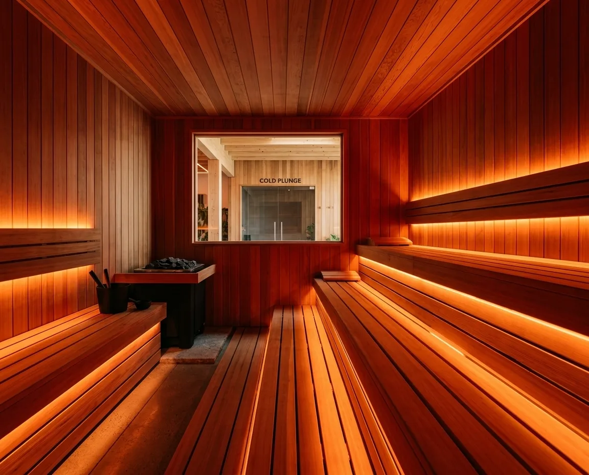 Interior of the wood-paneled sauna at Sauna Club Co