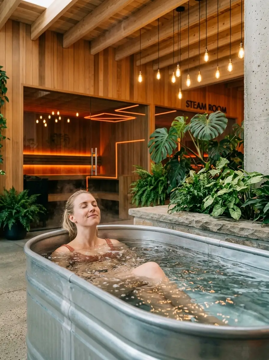 Woman relaxing in a cold plunge tub