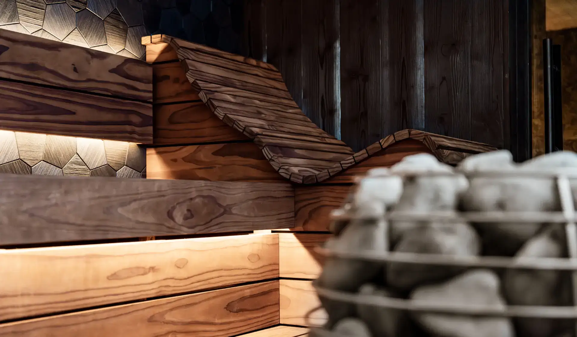 Close-up of the cedar sauna interior at Sauna Club Co