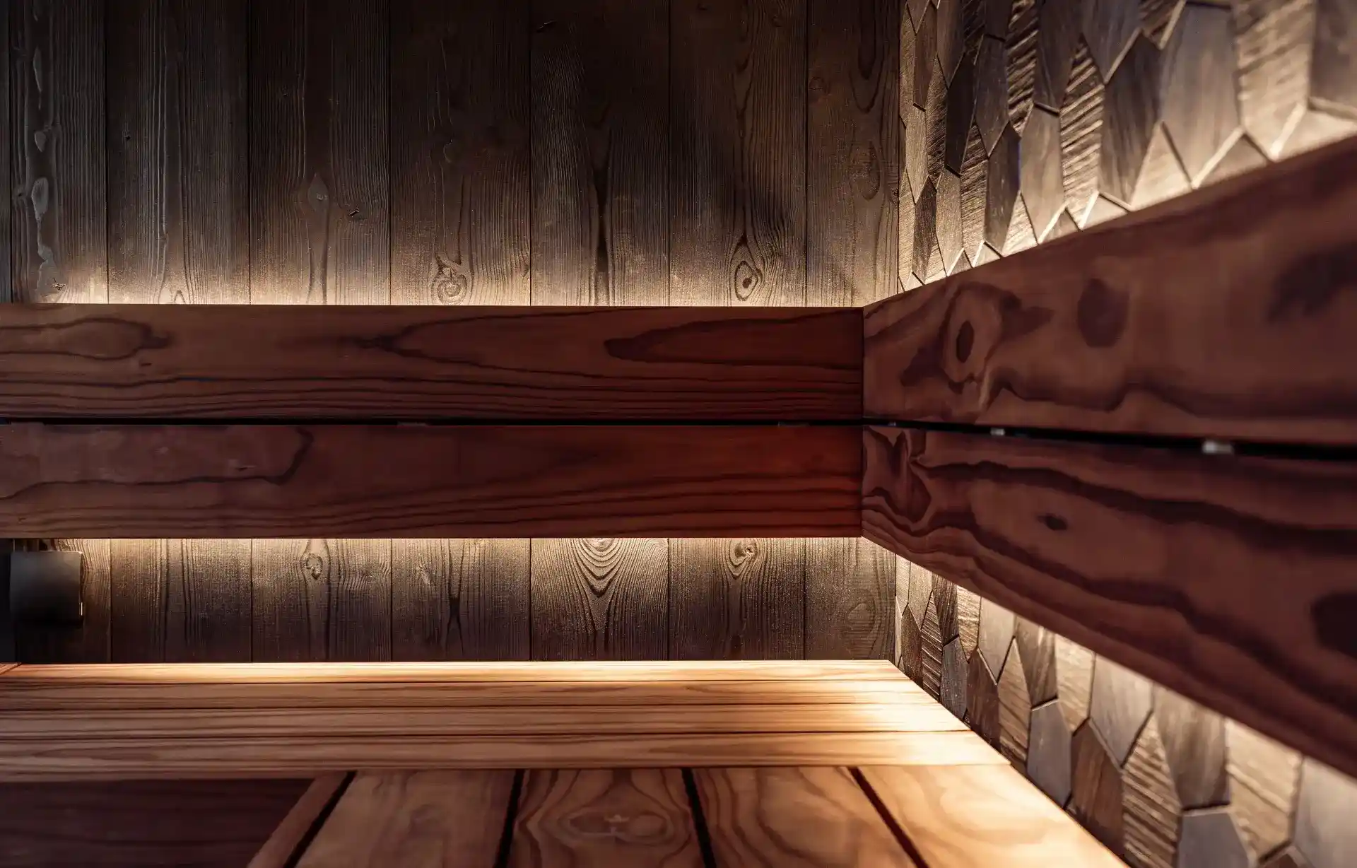 Empty cedar sauna benches with ambient backlighting at Sauna Club Co